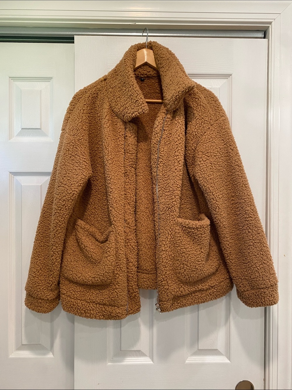 Cozy Teddy Jacket in Camel Brown - Women's Plush Zip Front